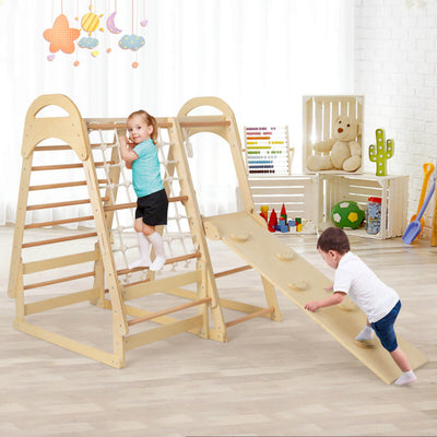 6-in-1 Kids Wooden Climbing Toys Playset Toddlers Indoor Jungle Gym with Slide and Climbing Net