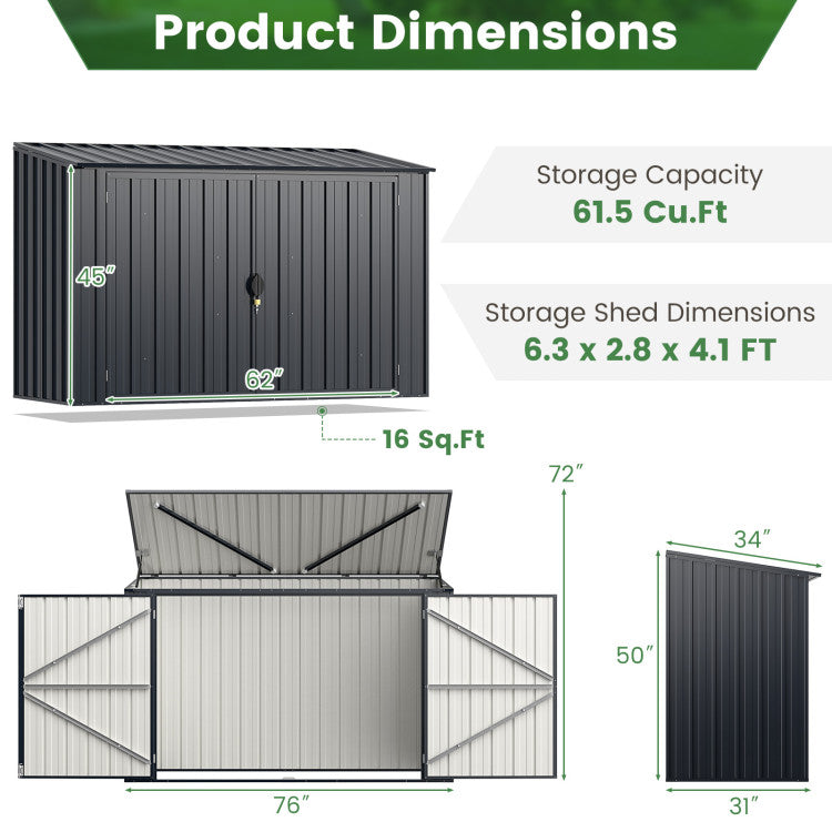 6.3 x 2.8 FT Outdoor Metal Storage Shed Rustproof Steel Tool Organizer House with Lockable Door and Retractable Hydraulic Rods
