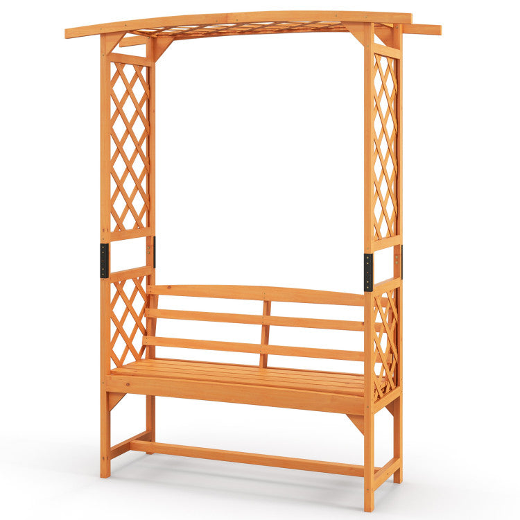 6.5 FT 2-in-1 Tall Garden Arbor Pergola Patio Wooden Bench Arch with Curved Backrest and Side Trellis