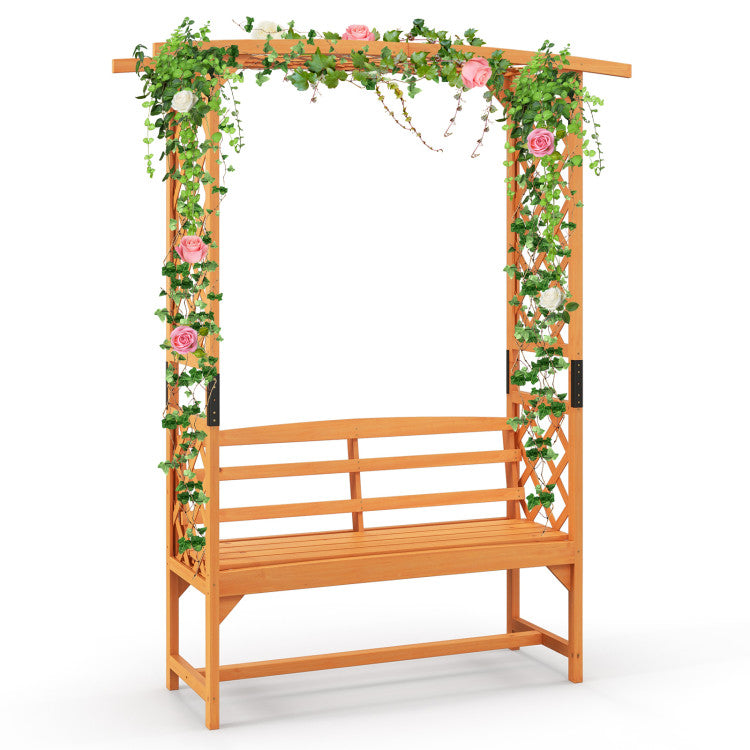 6.5 FT 2-in-1 Tall Garden Arbor Pergola Patio Wooden Bench Arch with Curved Backrest and Side Trellis