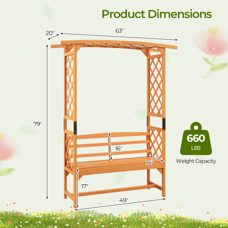 6.5 FT 2-in-1 Tall Garden Arbor Pergola Patio Wooden Bench Arch with Curved Backrest and Side Trellis
