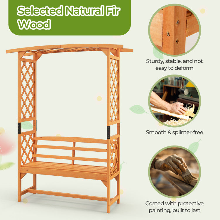 6.5 FT 2-in-1 Tall Garden Arbor Pergola Patio Wooden Bench Arch with Curved Backrest and Side Trellis