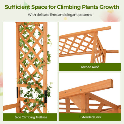 6.5 FT 2-in-1 Tall Garden Arbor Pergola Patio Wooden Bench Arch with Curved Backrest and Side Trellis