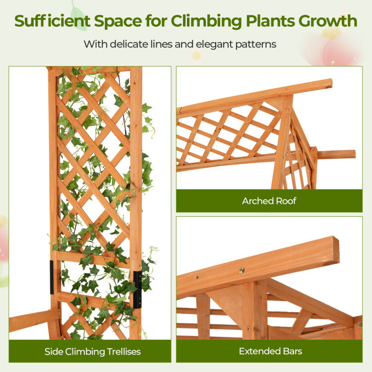 6.5 FT 2-in-1 Tall Garden Arbor Pergola Patio Wooden Bench Arch with Curved Backrest and Side Trellis