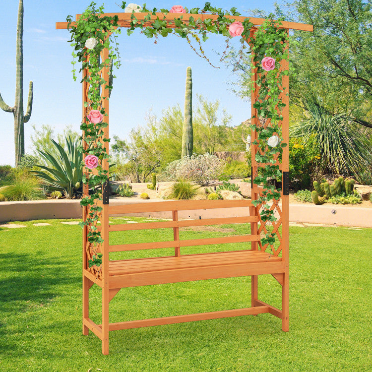 6.5 FT 2-in-1 Tall Garden Arbor Pergola Patio Wooden Bench Arch with Curved Backrest and Side Trellis