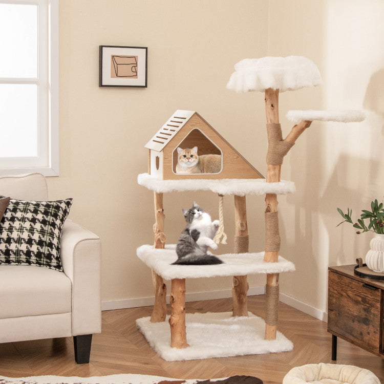 60 Inch Tall Wooden Cat Tree Modern Cat Tower with Jute Scratching Pos ...