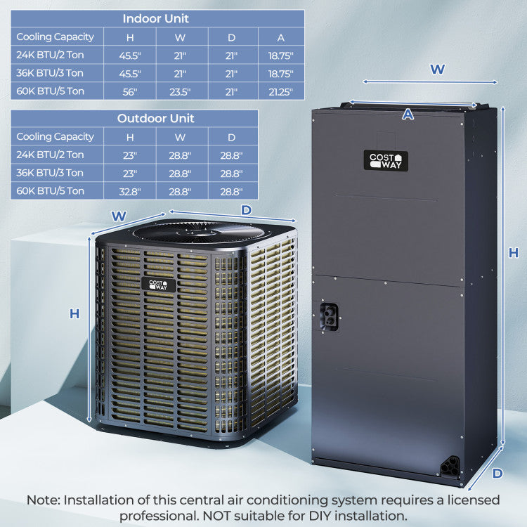 60000 BTU Ducted Central Air Conditioner Heat Pump System 5 Ton Inverter Split AC with Multi-Position Air Handler Unit