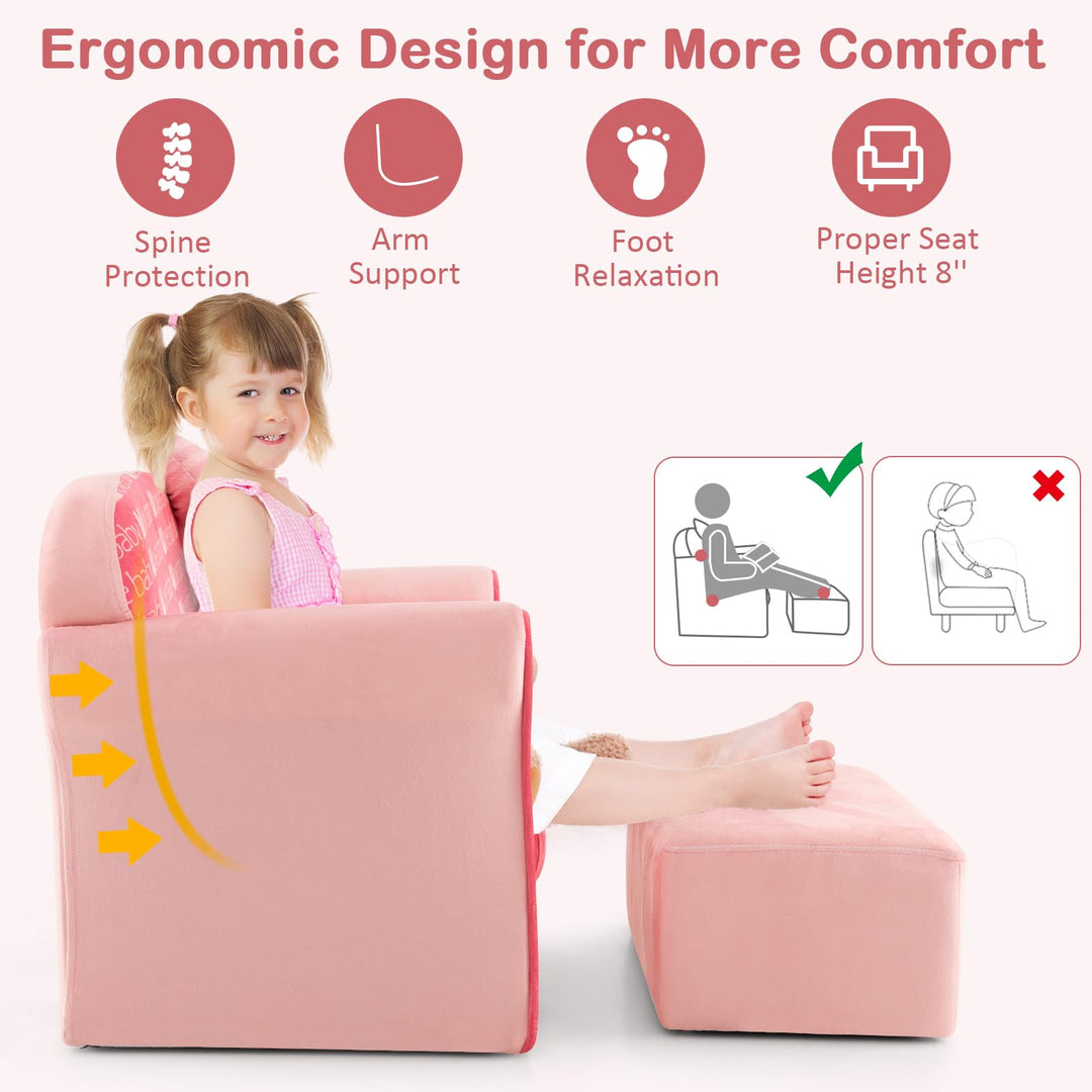 Toddler Sofa Chair with Ottoman, Soft Velvet Kids Couch with Curved Armrests