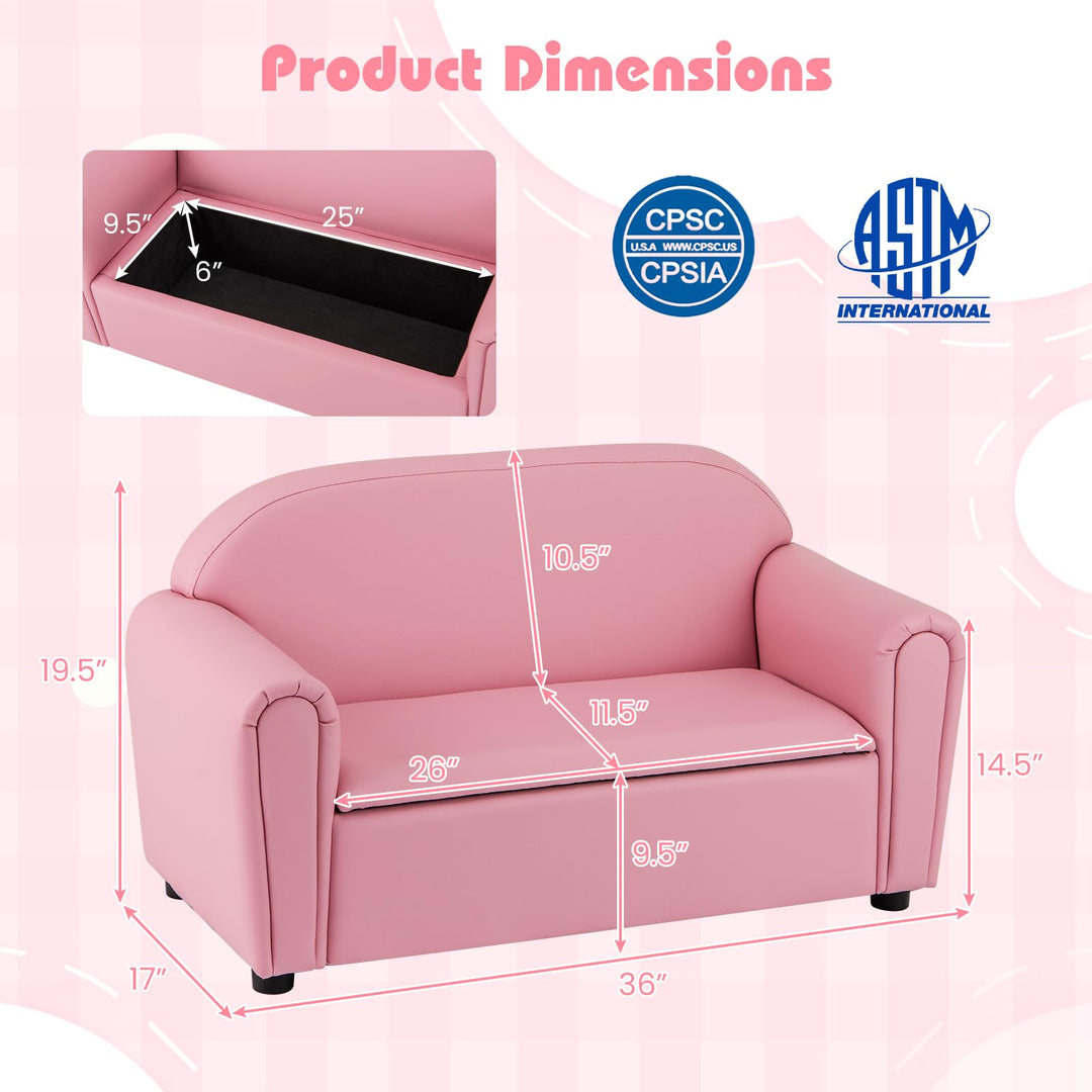 Kids Sofa, 2-Seat Children Couch with Under-Seat Storage, PVC Cover, Cozy Backrest &amp; Soft Padded Seat
