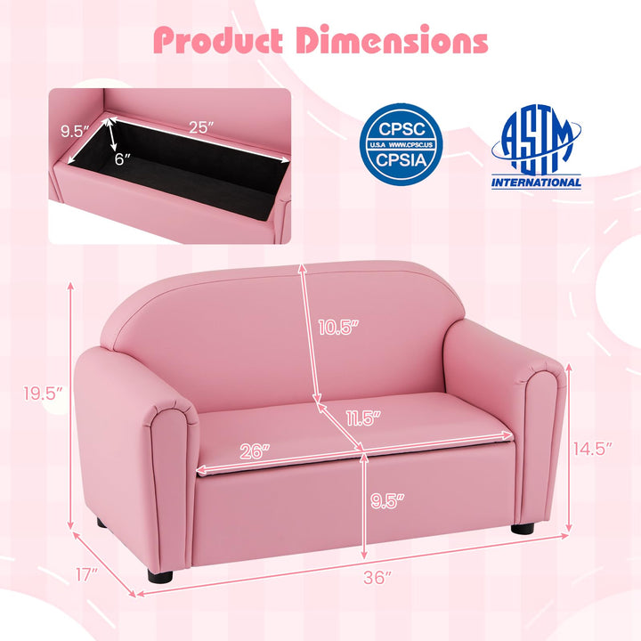 Kids Sofa, 2-Seat Children Couch with Under-Seat Storage, PVC Cover, Cozy Backrest &amp; Soft Padded Seat