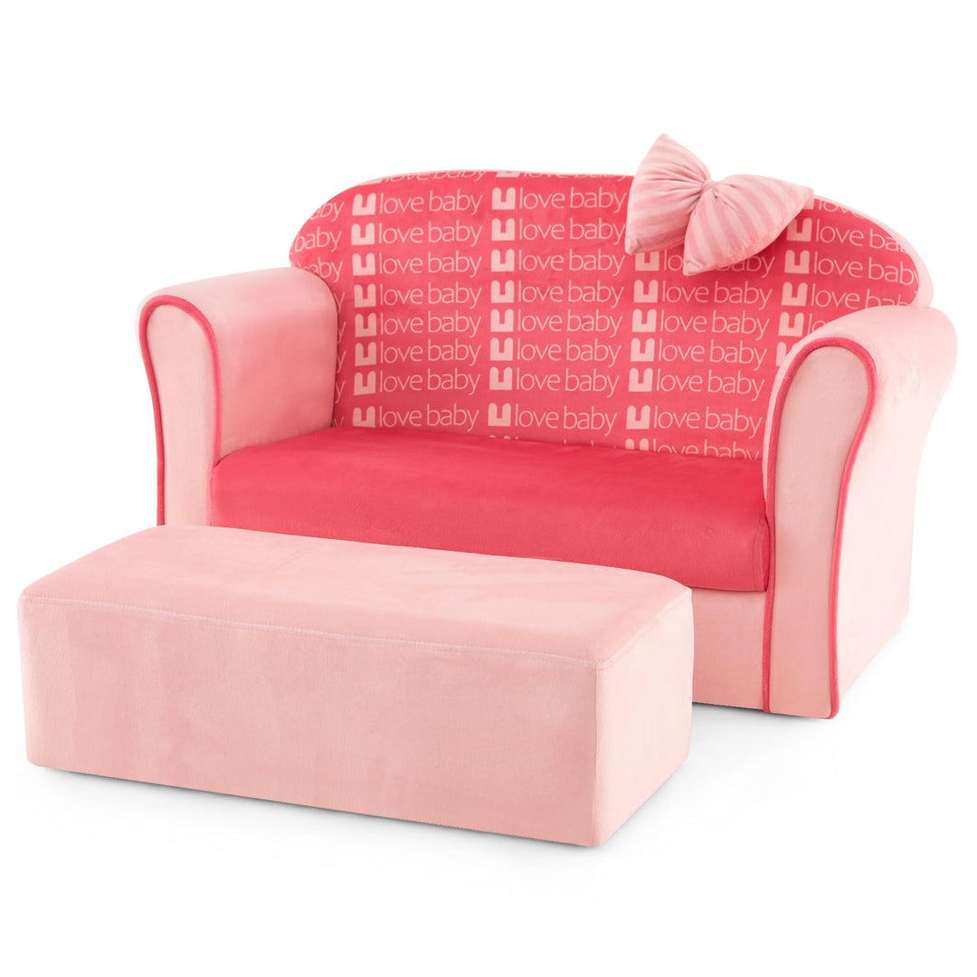 Toddler Sofa Chair with Ottoman, Soft Velvet Kids Couch with Curved Armrests