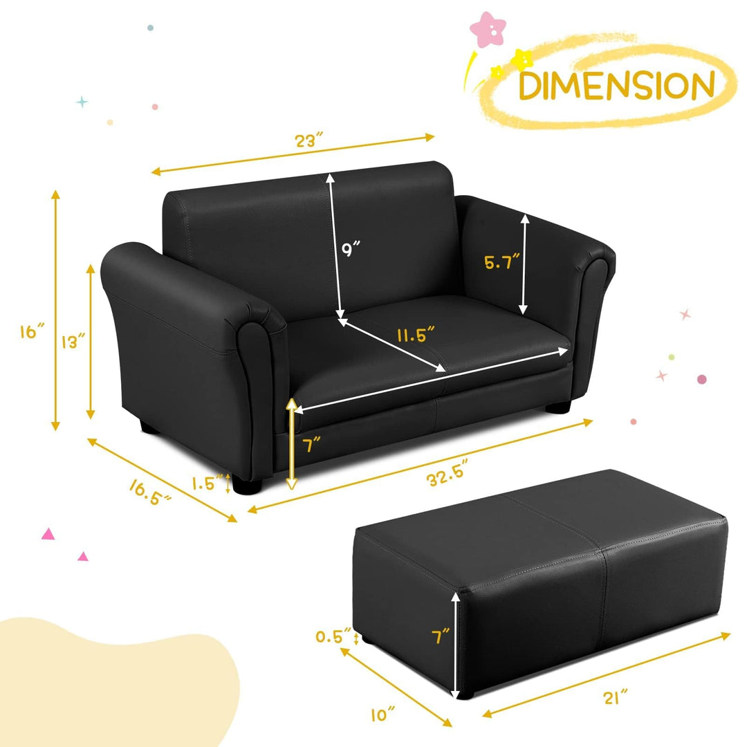 Kids Sofa Set with Ottoman, 2-Seater Wooden Children Loveseat with Armrest &amp; Backrest