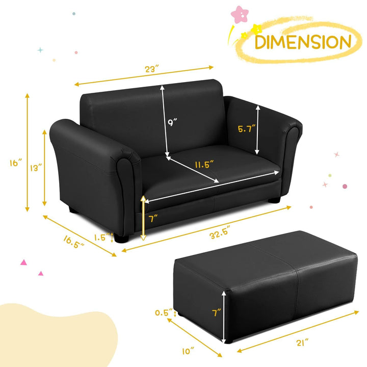 Kids Sofa Set with Ottoman, 2-Seater Wooden Children Loveseat with Armrest &amp; Backrest