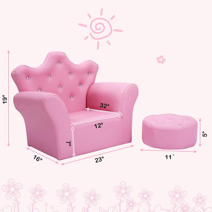 Kids Sofa with Ottoman, Upholstered Princess Couch with Crystal Tufted Crown-Shaped Backrest