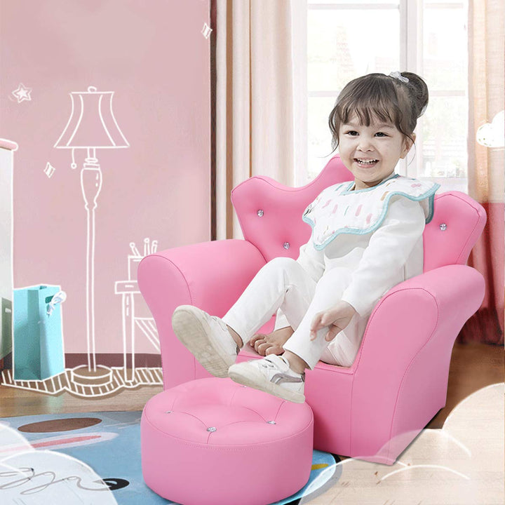 Kids Sofa with Ottoman, Upholstered Princess Couch with Crystal Tufted Crown-Shaped Backrest