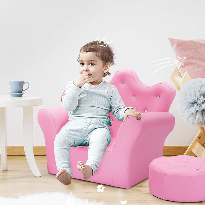 Kids Sofa with Ottoman, Upholstered Princess Couch with Crystal Tufted Crown-Shaped Backrest