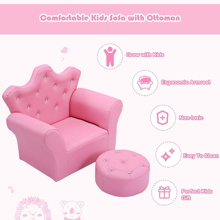 Kids Sofa with Ottoman, Upholstered Princess Couch with Crystal Tufted Crown-Shaped Backrest
