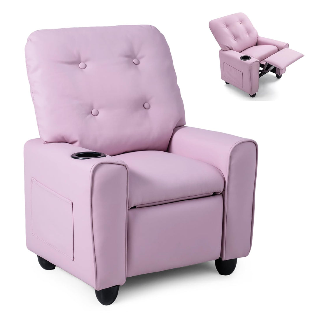 Push Back Kids Recliner Chair, PU Leather Toddler Reclining Armchair with Adjustable Footrest and Cup Holder