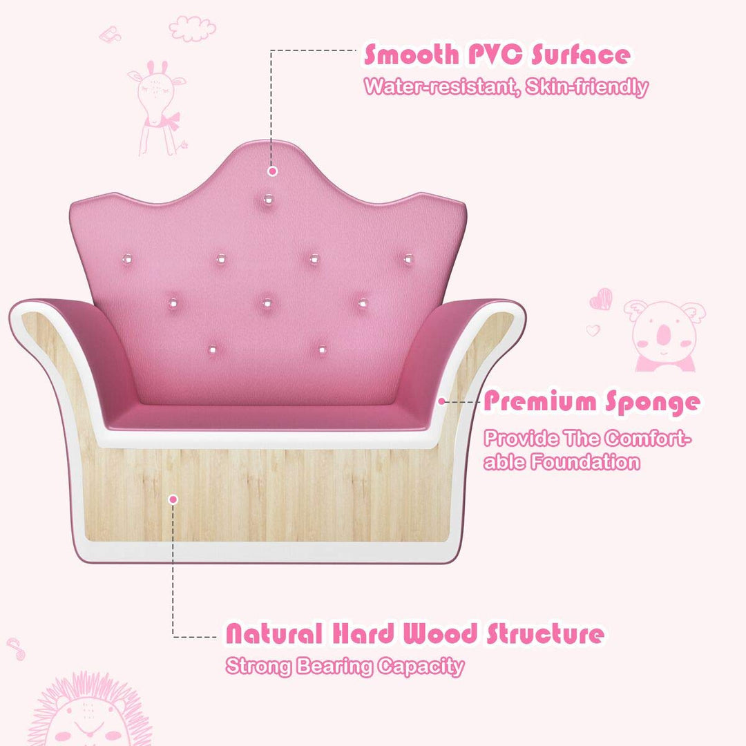 Kids Sofa with Ottoman, Upholstered Princess Couch with Crystal Tufted Crown-Shaped Backrest