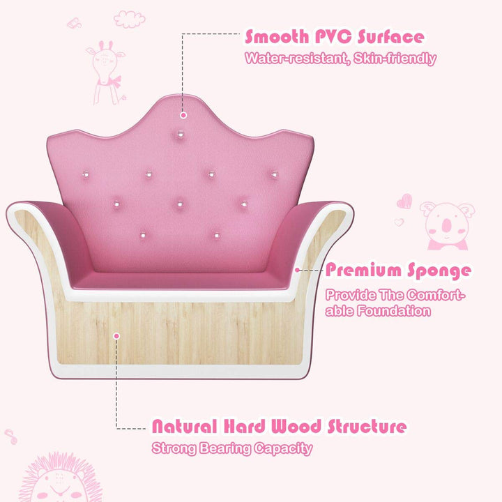 Kids Sofa with Ottoman, Upholstered Princess Couch with Crystal Tufted Crown-Shaped Backrest
