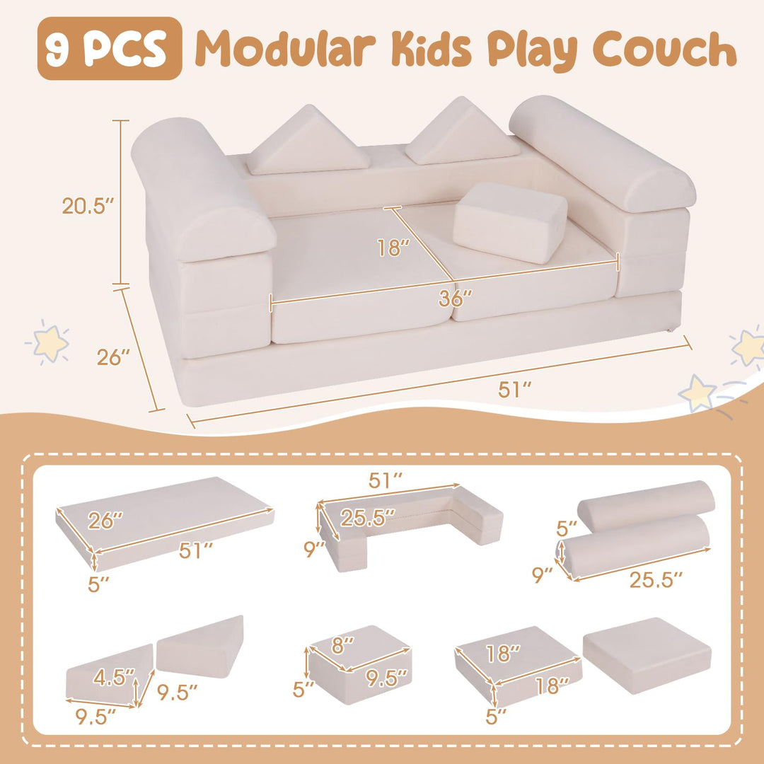 Modular Kids Play Couch, 9-Piece Climb &amp; Crawl Foam and Floor Playset w/ Breathable Suede Fabric