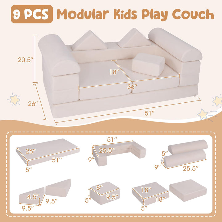 Modular Kids Play Couch, 9-Piece Climb &amp; Crawl Foam and Floor Playset w/ Breathable Suede Fabric