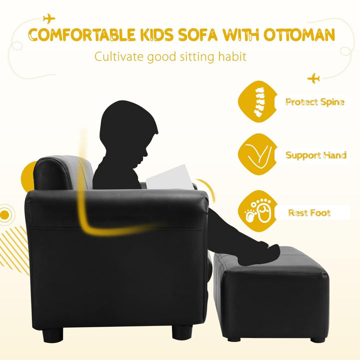 Kids Sofa Set with Ottoman, 2-Seater Wooden Children Loveseat with Armrest &amp; Backrest