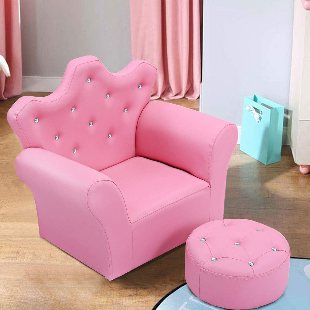 Kids Sofa with Ottoman, Upholstered Princess Couch with Crystal Tufted Crown-Shaped Backrest