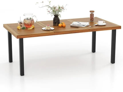 Patio Acacia Wood Dining Table with Umbrella Hole and Metal Legs