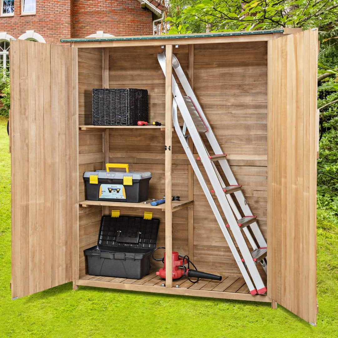 64 Inch Outdoor Solid Wooden Storage Shed Garden Tool Cabinet with Lockable Doors