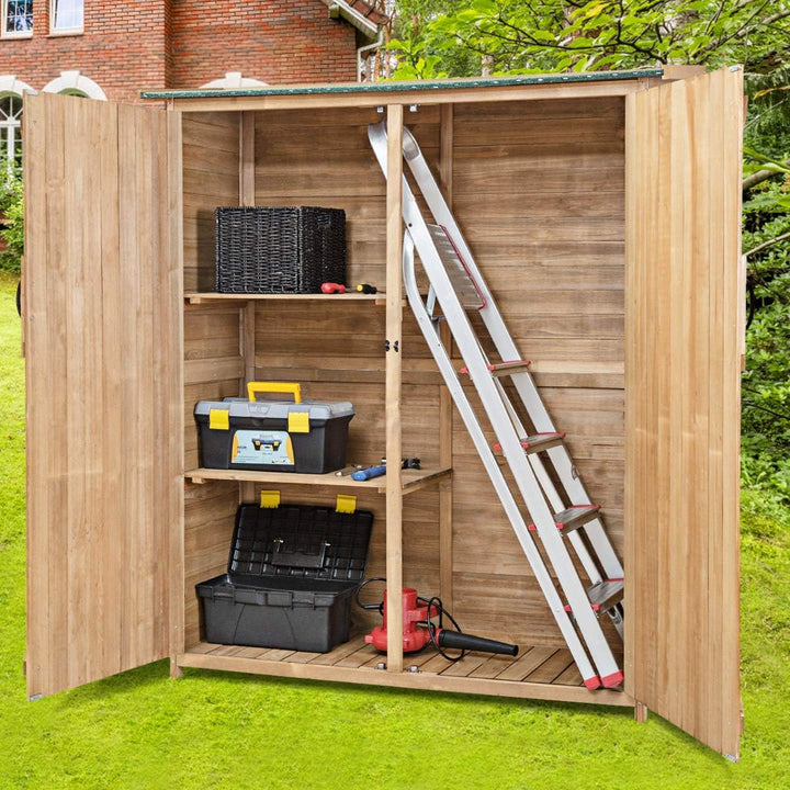 64 Inch Outdoor Solid Wooden Storage Shed Garden Tool Cabinet with Lockable Doors