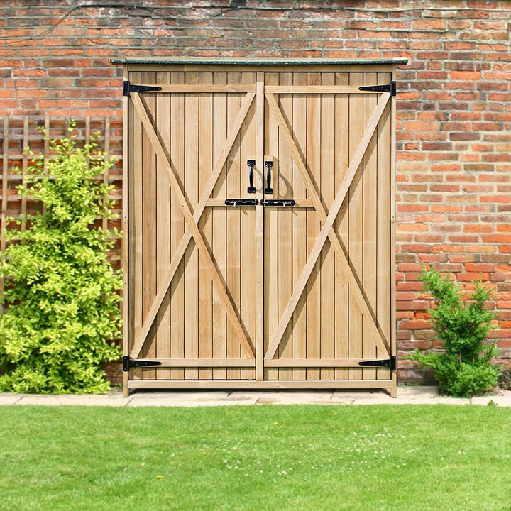 64 Inch Outdoor Solid Wooden Storage Shed Garden Tool Cabinet with Lockable Doors