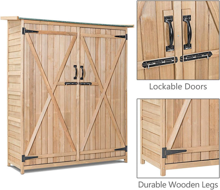 64 Inch Outdoor Solid Wooden Storage Shed Garden Tool Cabinet with Lockable Doors
