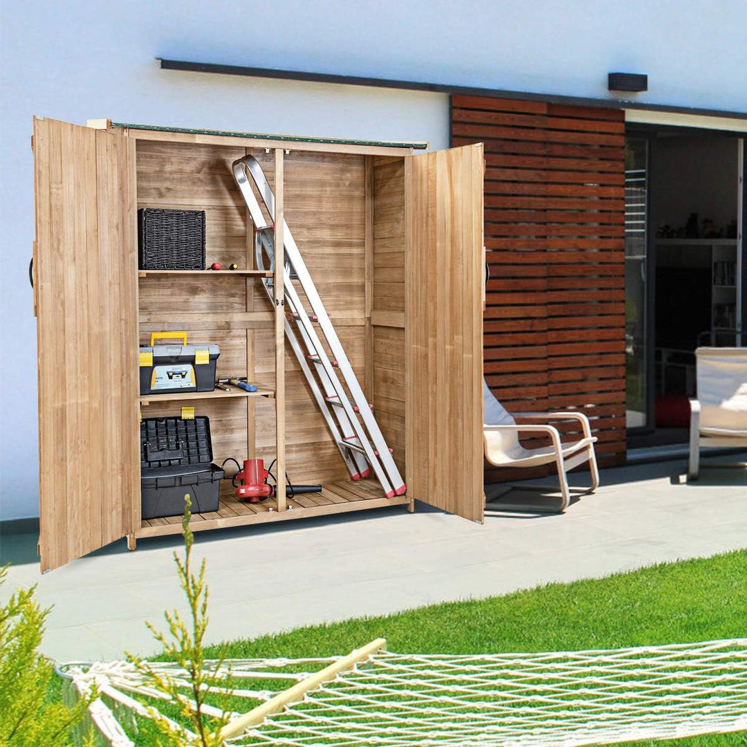64 Inch Outdoor Solid Wooden Storage Shed Garden Tool Cabinet with Lockable Doors