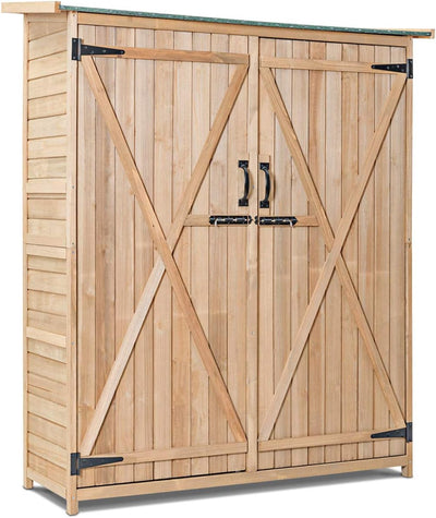 64 Inch Outdoor Solid Wooden Storage Shed Garden Tool Cabinet with Lockable Doors