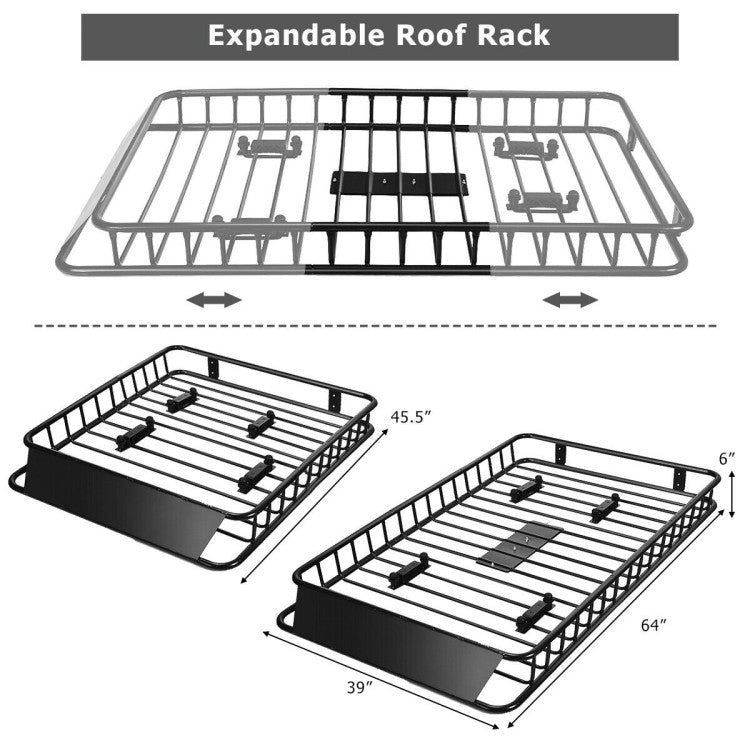 64 Inches Universal Roof Rack Cargo Carrier Basket Heavy Duty Steel Car SUV Top Luggage Storage Holder with 4 Universal U-bolts