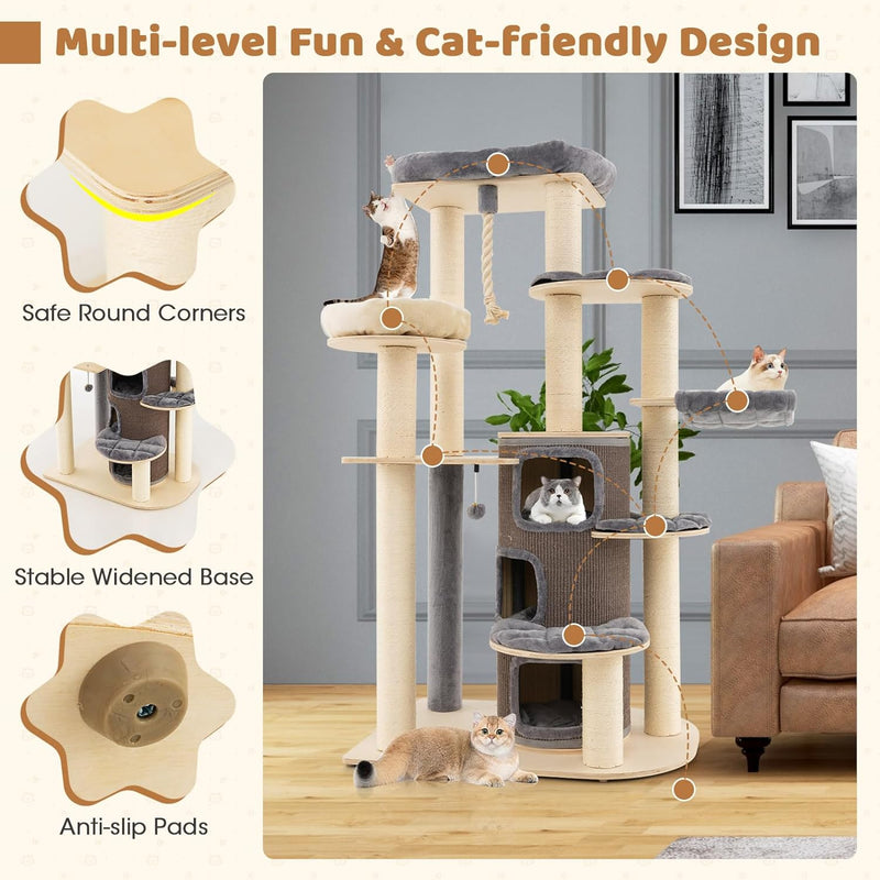 67 Inch Multi-Level Tall Cat Tree Modern Large Cat Tower with Hanging Play Rope and 3-Story Cat Condo