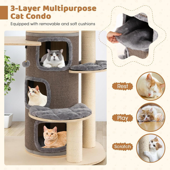 67 Inch Multi-Level Tall Cat Tree Modern Large Cat Tower with Hanging Play Rope and 3-Story Cat Condo
