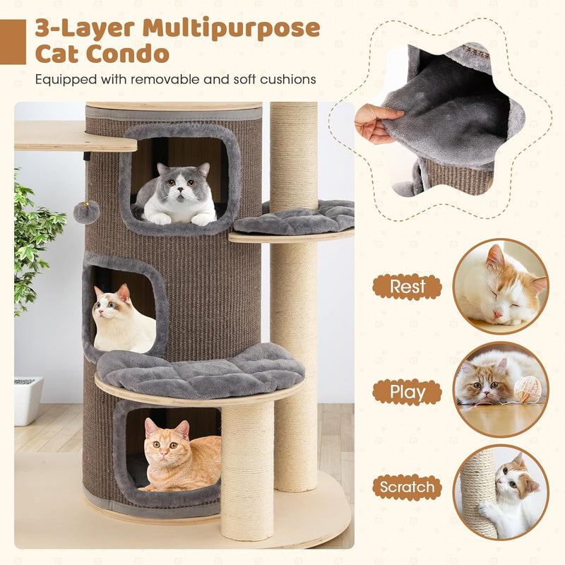 67 Inch Multi-Level Tall Cat Tree Modern Large Cat Tower with Hanging Play Rope and 3-Story Cat Condo