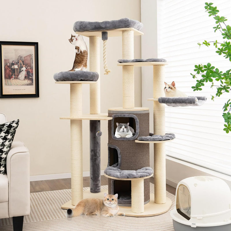 67 Inch Multi-Level Tall Cat Tree Modern Large Cat Tower with Hanging Play Rope and 3-Story Cat Condo