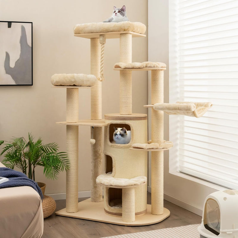 67 Inch Multi-Level Tall Cat Tree Modern Large Cat Tower with Hanging Play Rope and 3-Story Cat Condo