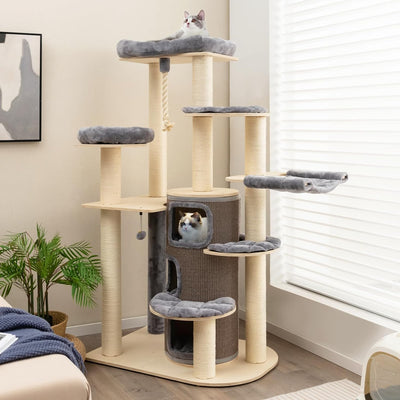 67 Inch Multi-Level Tall Cat Tree Modern Large Cat Tower with Hanging Play Rope and 3-Story Cat Condo