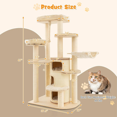 67 Inch Multi-Level Tall Cat Tree Modern Large Cat Tower with Hanging Play Rope and 3-Story Cat Condo