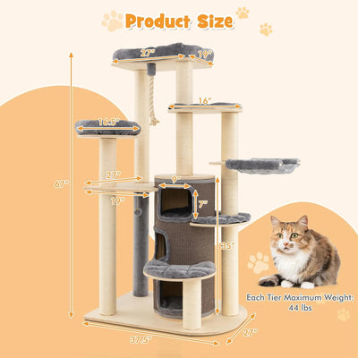 67 Inch Multi-Level Tall Cat Tree Modern Large Cat Tower with Hanging Play Rope and 3-Story Cat Condo