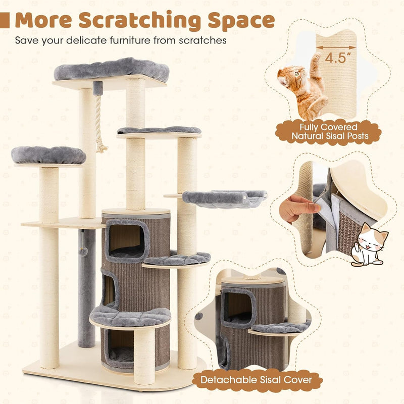 67 Inch Multi-Level Tall Cat Tree Modern Large Cat Tower with Hanging Play Rope and 3-Story Cat Condo