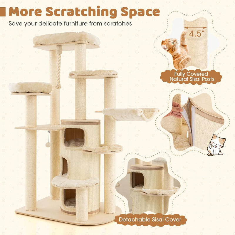 67 Inch Multi-Level Tall Cat Tree Modern Large Cat Tower with Hanging Play Rope and 3-Story Cat Condo