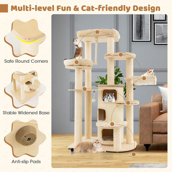 67 Inch Multi-Level Tall Cat Tree Modern Large Cat Tower with Hanging Play Rope and 3-Story Cat Condo
