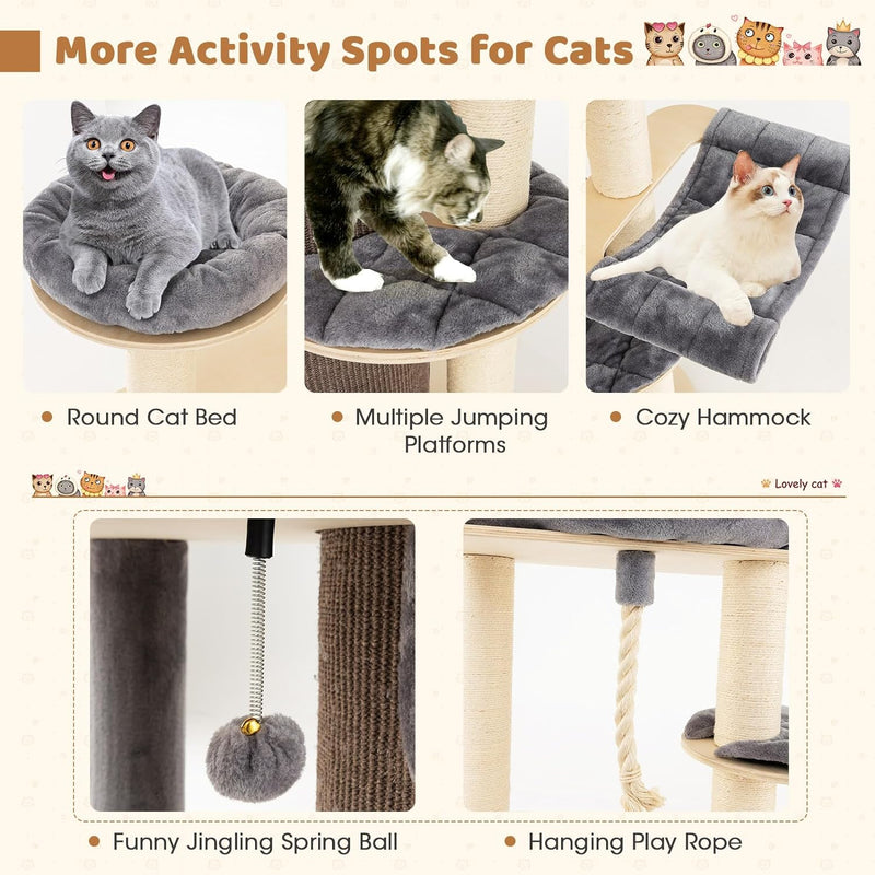 67 Inch Multi-Level Tall Cat Tree Modern Large Cat Tower with Hanging Play Rope and 3-Story Cat Condo