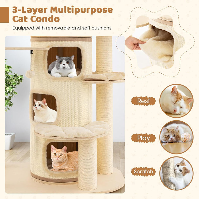 67 Inch Multi-Level Tall Cat Tree Modern Large Cat Tower with Hanging Play Rope and 3-Story Cat Condo