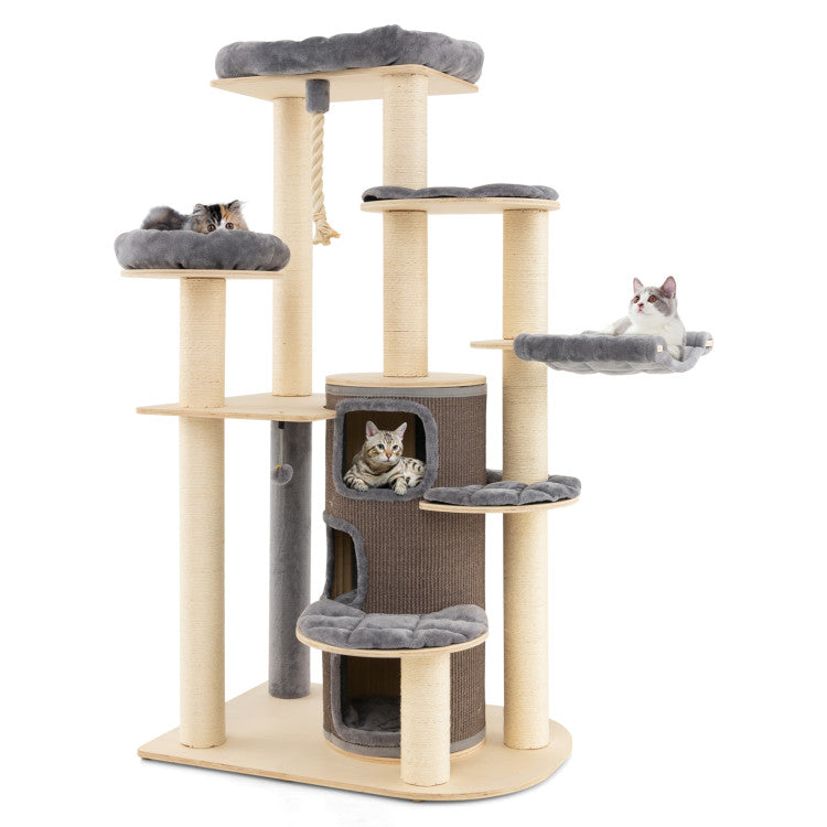 67 Inch Multi-Level Tall Cat Tree Modern Large Cat Tower with Hanging Play Rope and 3-Story Cat Condo